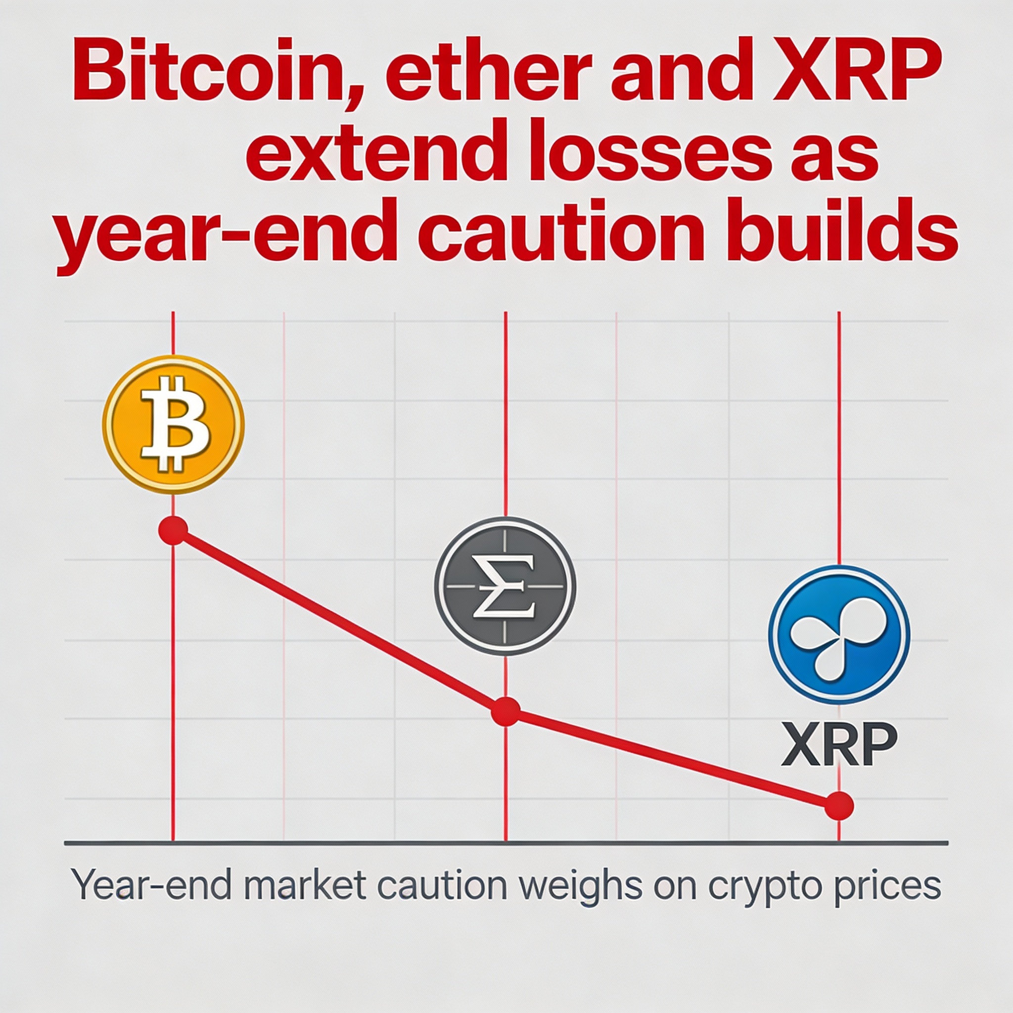 Bitcoin, Ether and XRP fall again as investors adopt a cautious year-end stance.