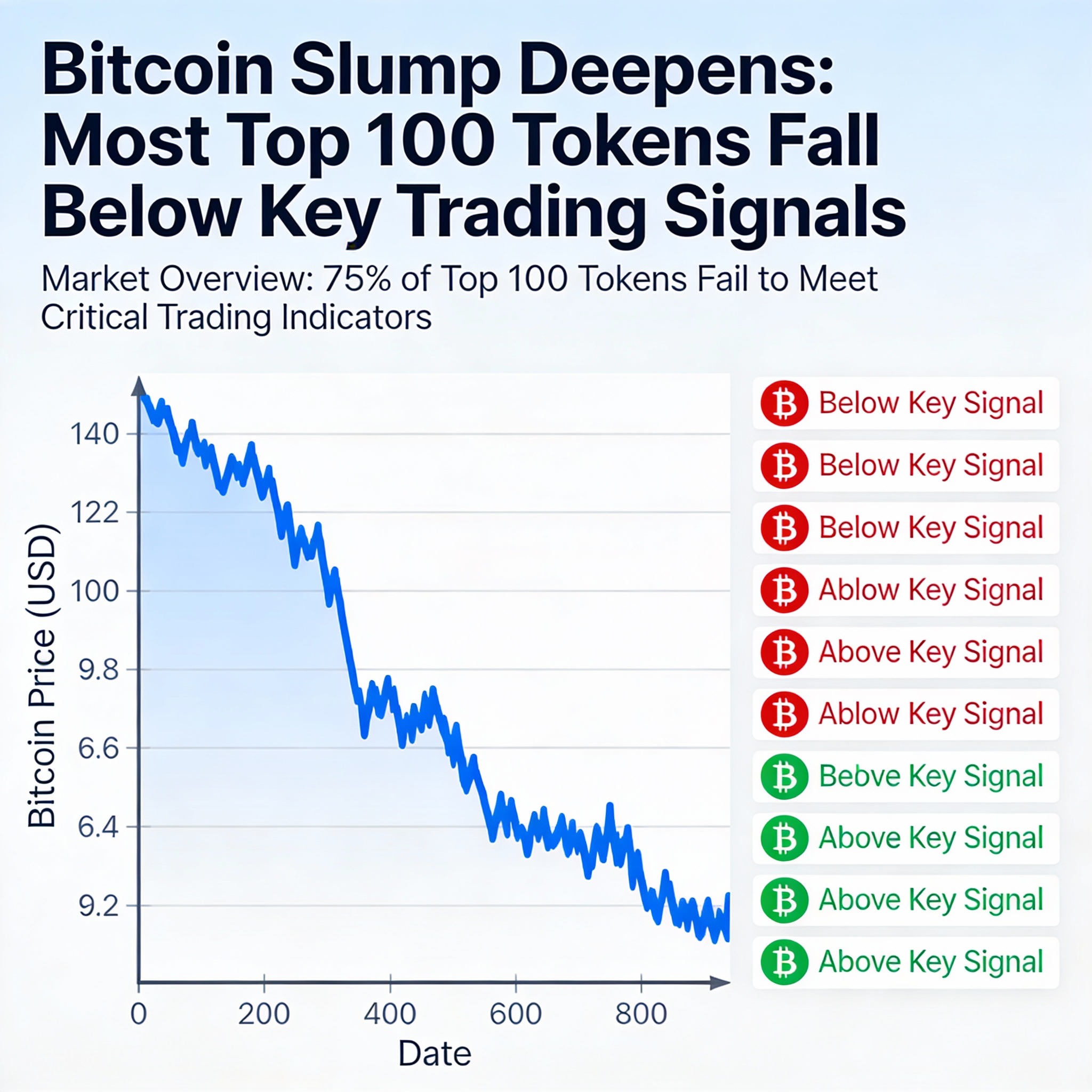 Crypto market downturn accelerates as Bitcoin falls and top 100 tokens breach crucial support signals.