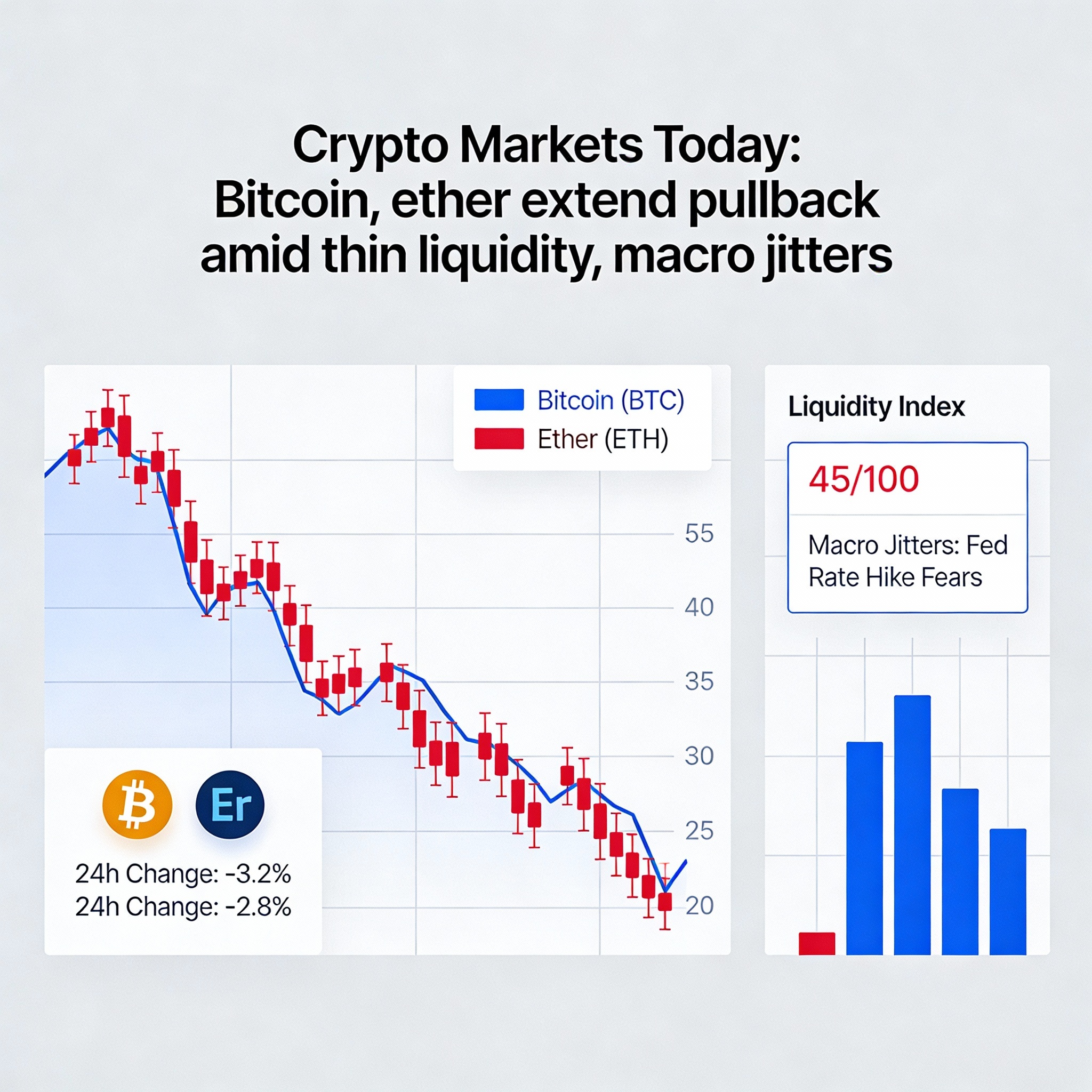 Bitcoin and ether pull back amid light trading volumes and heightened macro jitters.