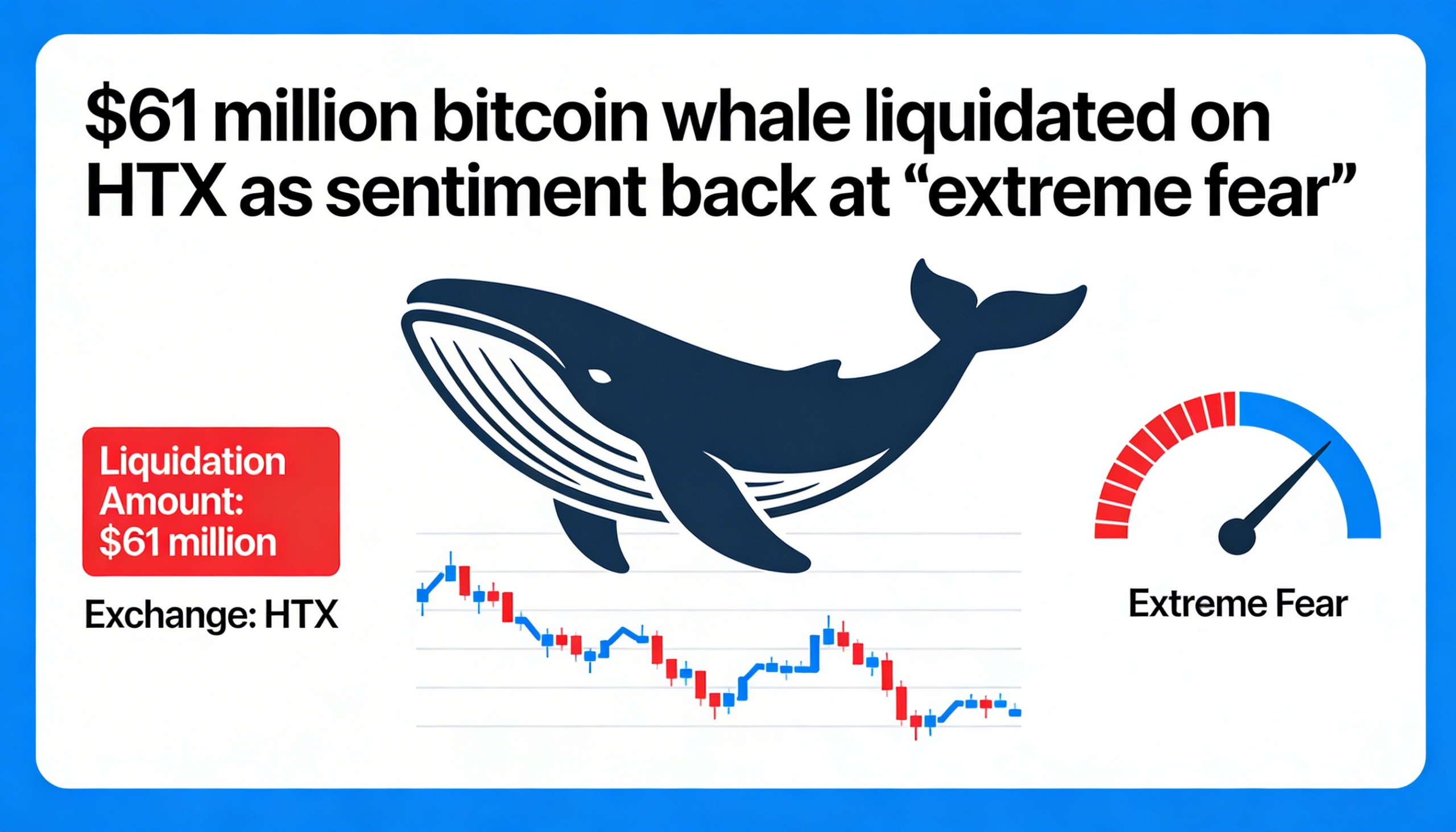A $61 million Bitcoin whale was liquidated on HTX as market sentiment slid back into “extreme fear.”