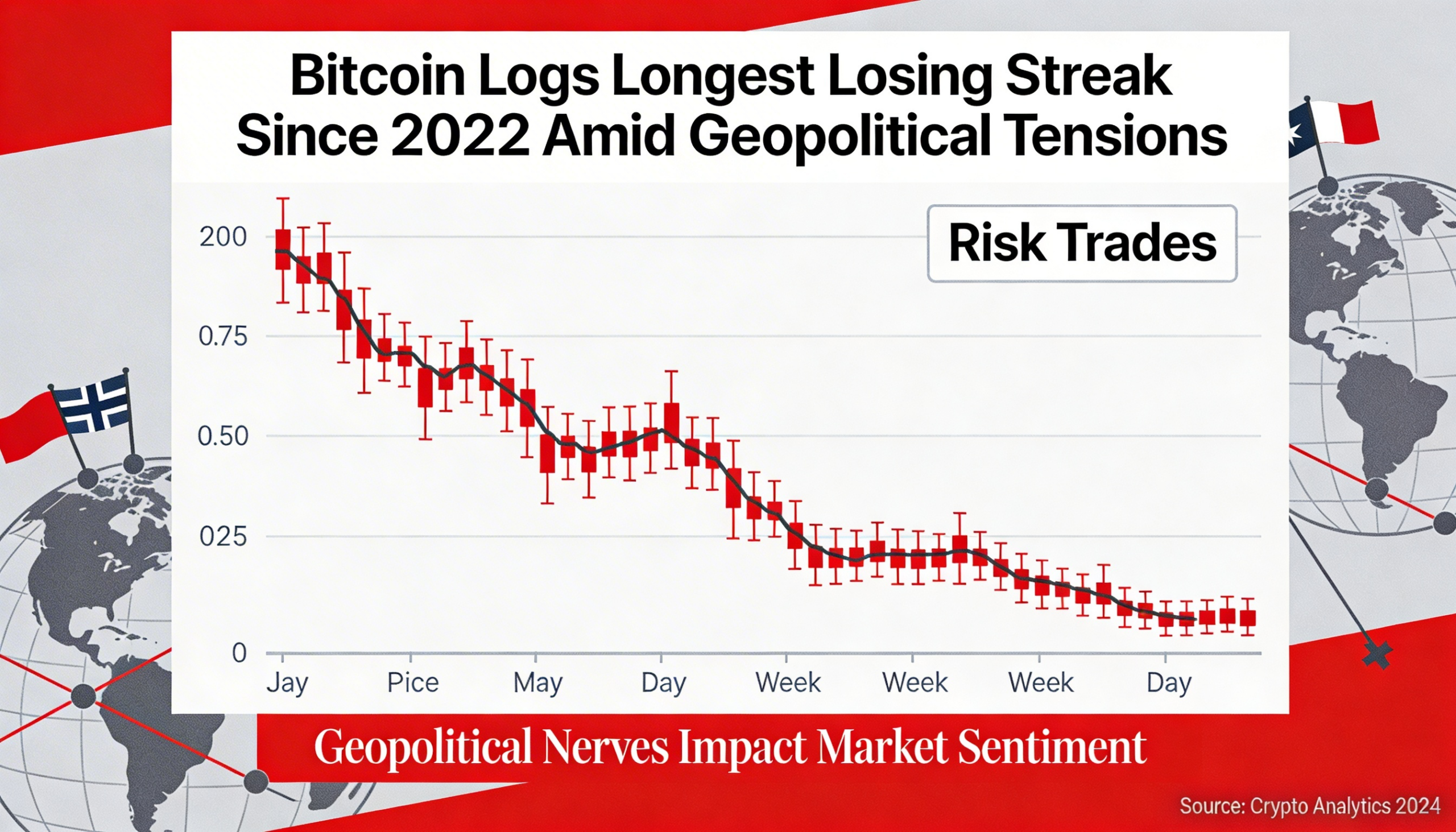 As global tensions rattle risk markets, Bitcoin is nearing its longest stretch of declines in nearly four years.