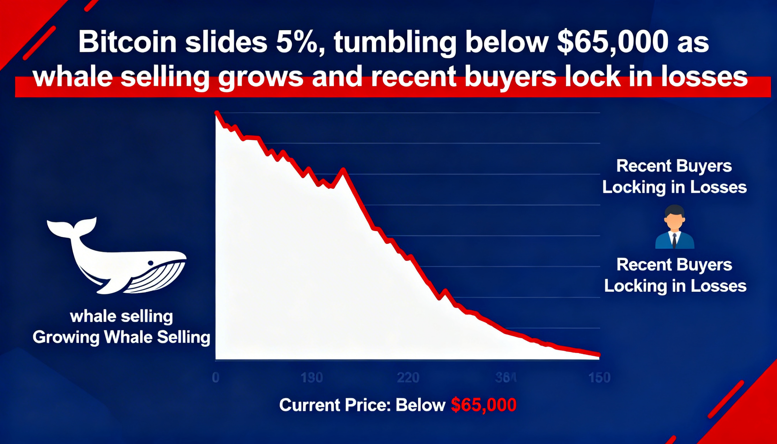 Bitcoin drops 5%, falling under $65,000 as whales offload and new investors capitulate