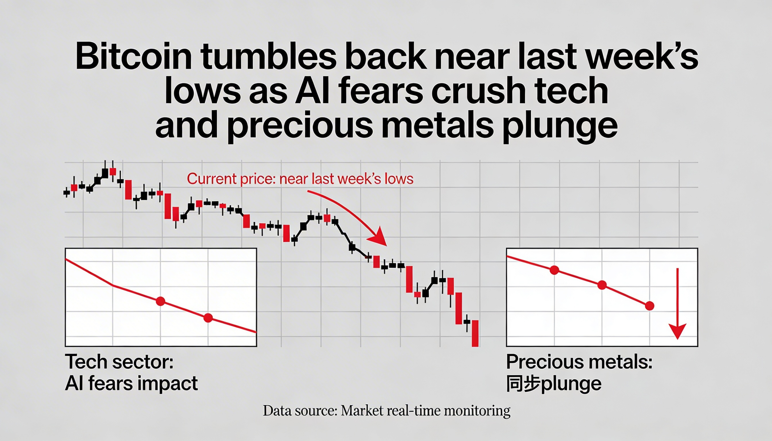 Bitcoin slides toward last week’s lows as tech stocks falter on AI concerns and gold and silver drop.
