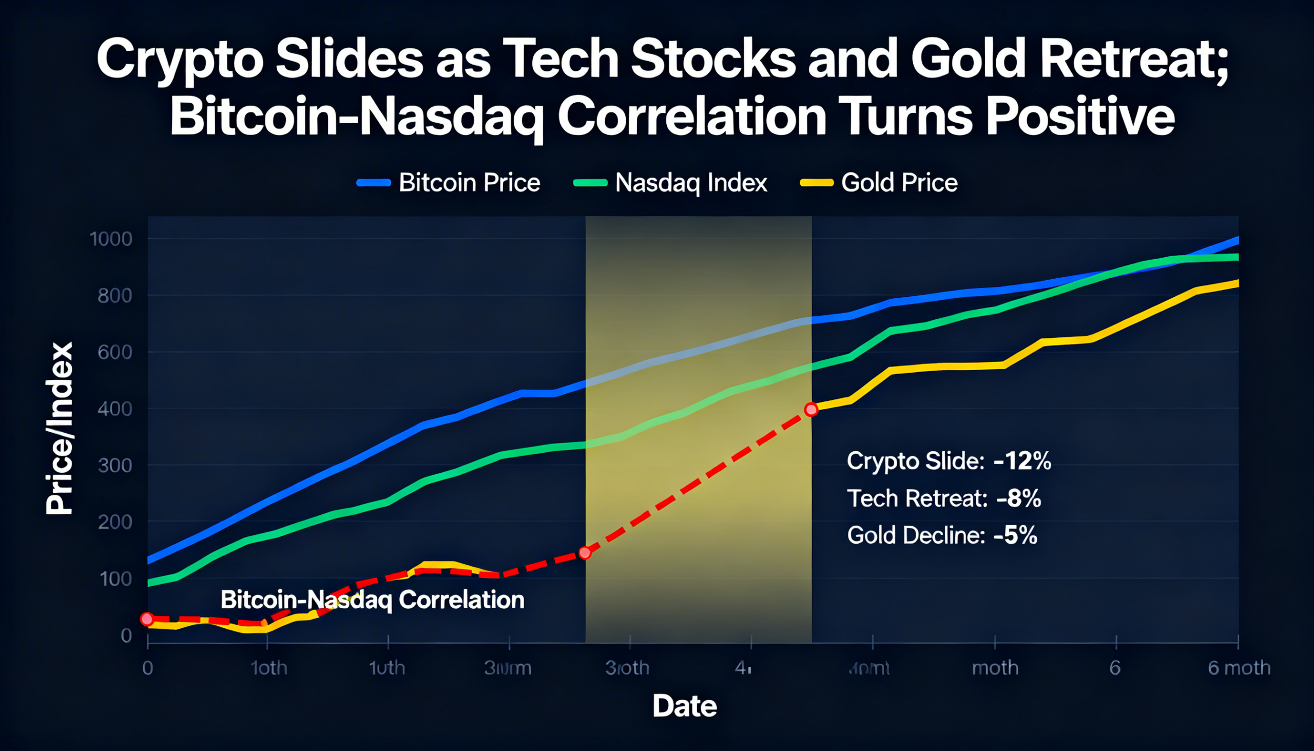 Crypto markets retreat as tech shares and gold pull back, pushing the bitcoin–Nasdaq correlation back into positive territory.