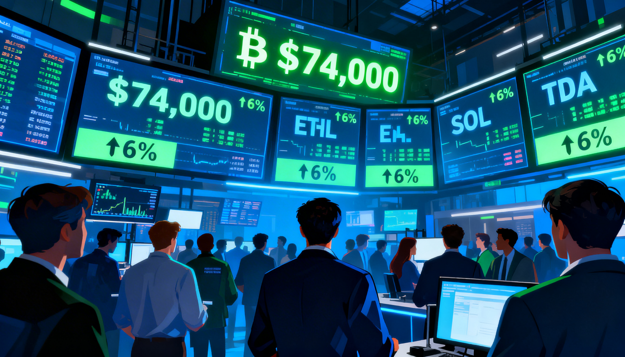 Bitcoin Briefly Surges Past $74,000 as Ether, Solana and Cardano Jump Up to 6%