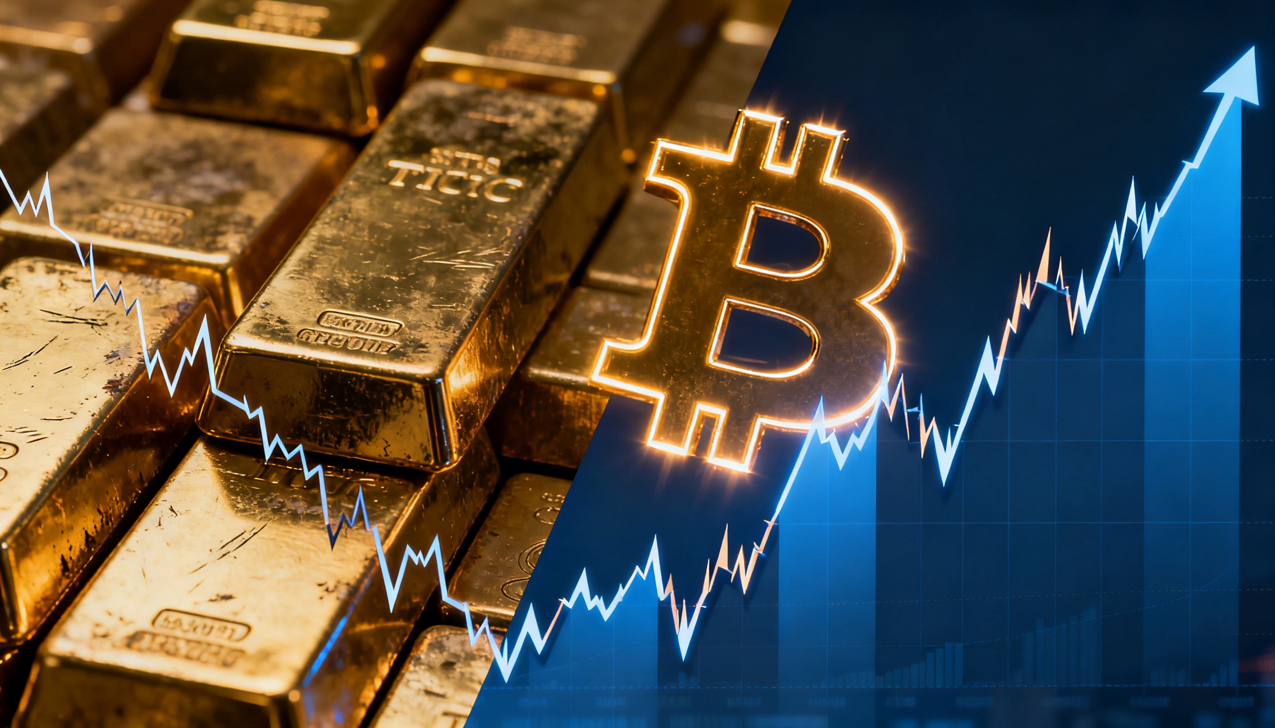 Freepik A Dramatic Splitscene Tarnished Gold Bars On Left Rising Bitcoin Symbol On Right Market Charts Overlay Tense Mood 0001 1