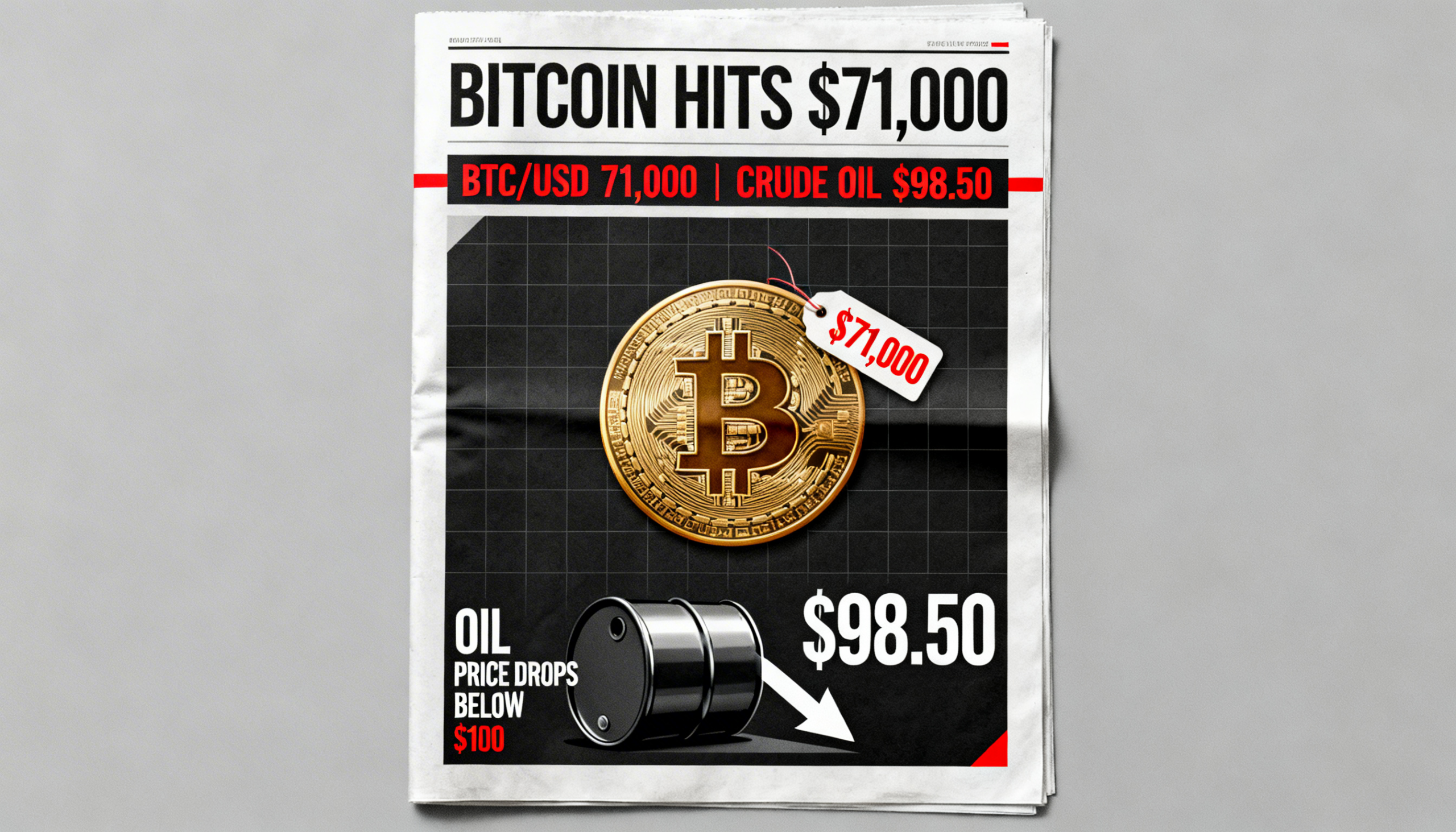 Freepik A Newspaperstyle Infographic Of Bitcoin At 71000 Headline Ticker Declining Oil Barrel Below 100 0001