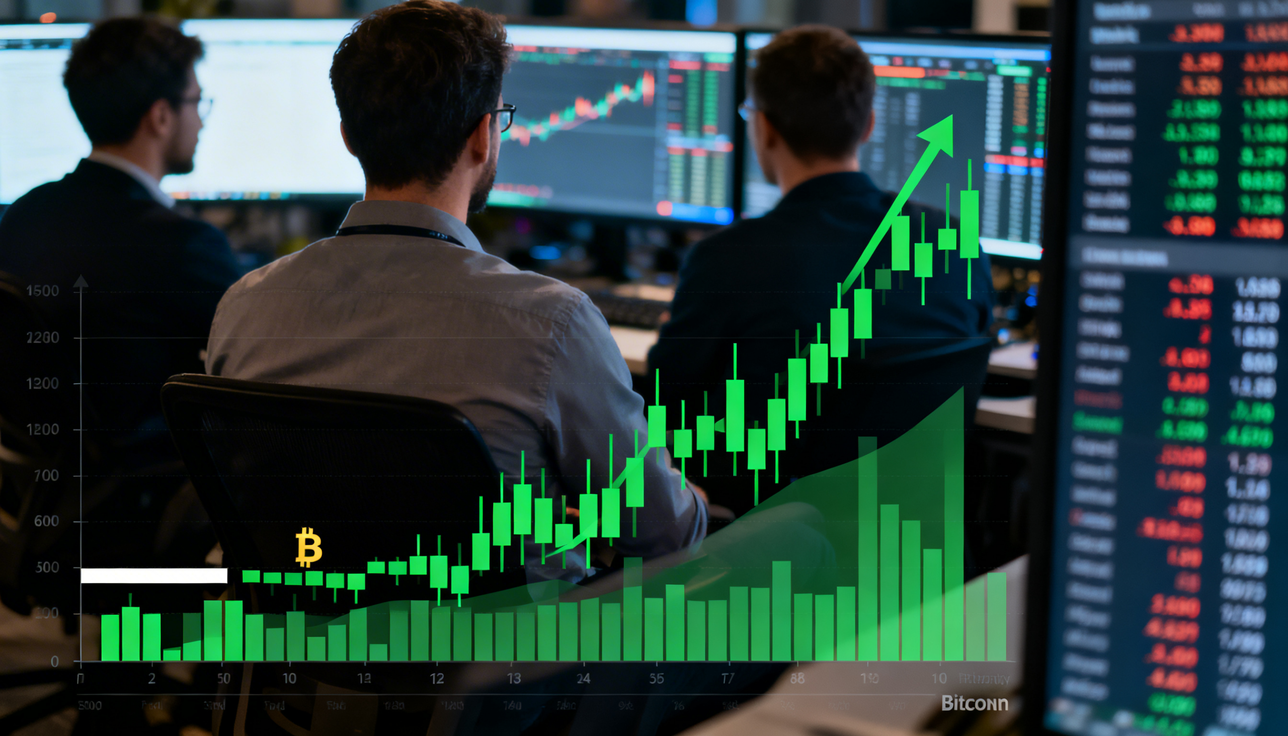 Freepik Bitcoin Steadies On Trading Chart Altcoins Surge With Green Candlesticks Traders Watching Screens Market Tickers Visible 0026