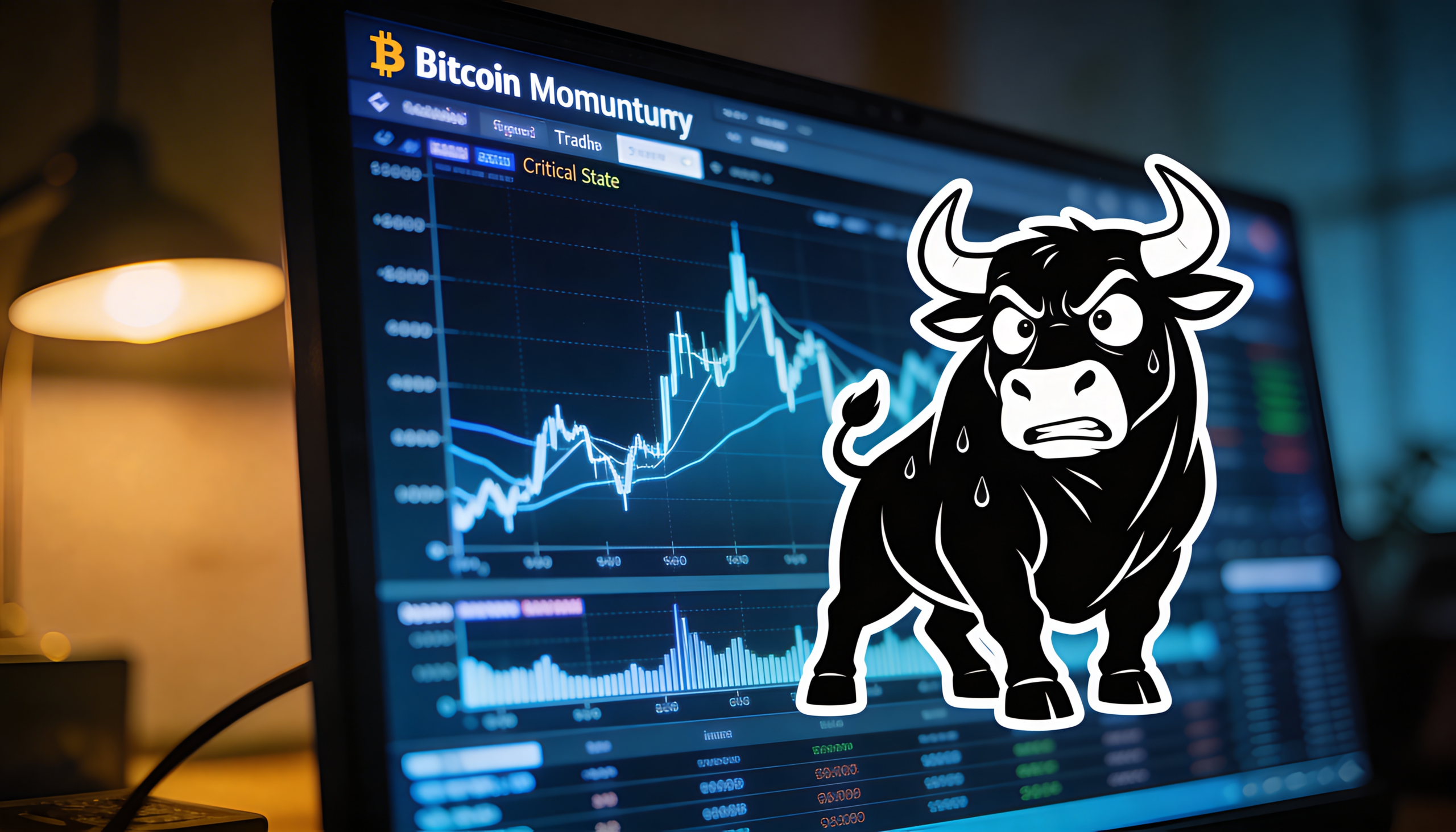 Freepik Closeup Of A Trading Terminal Screen Displaying Bitcoins Momentum Indicator In A Critical State With A Stylized Anxious Bull Graphic Superimposed In A Dimly Lit Room. 00011