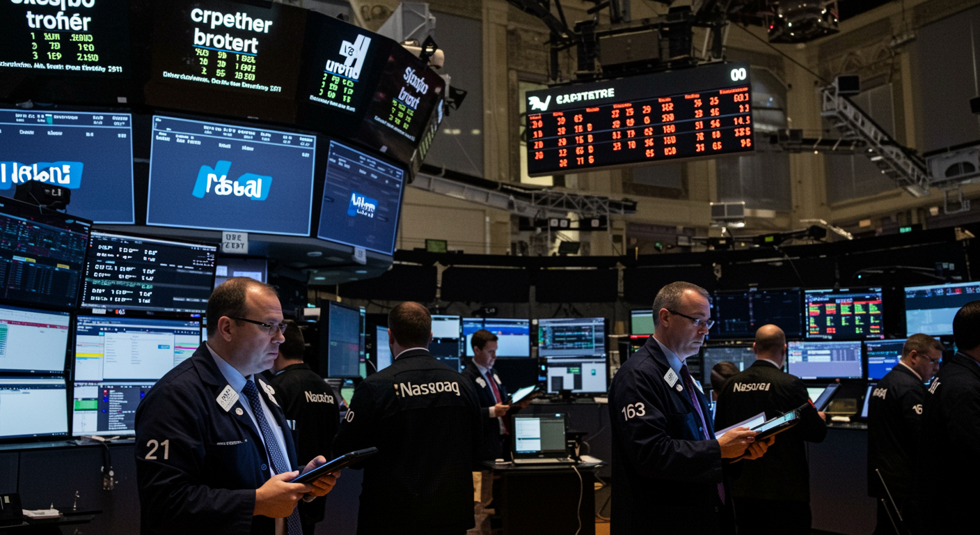 Freepik Headline Crypto Stocks Battered As Nasdaq Enters Correction Traders On Floor Amidst Flashing Tickers 0001