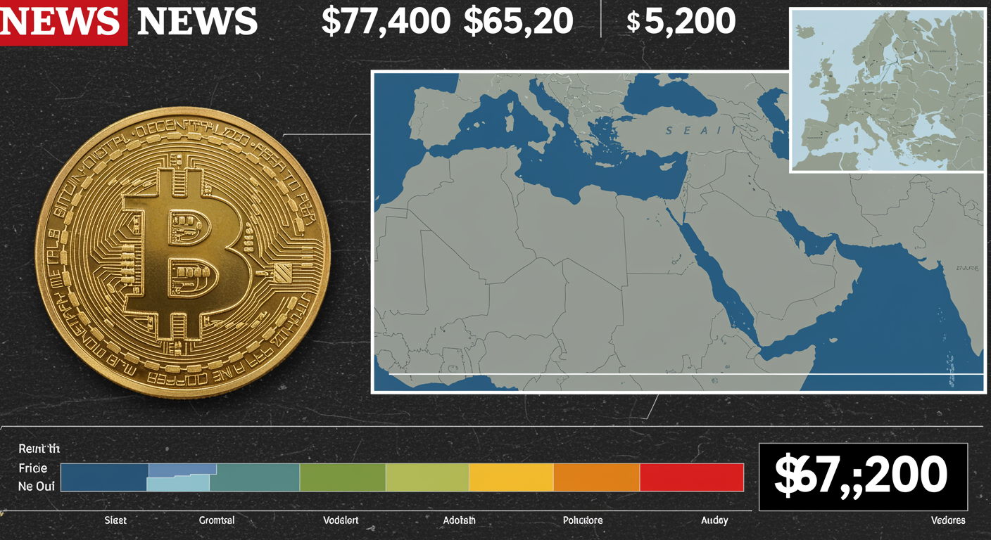 Freepik Newsstyle Infographic Showing Bitcoin At 67400 After Dip Below 65200 Ticker Bar Map Inset Of Middle East Conflict 0011
