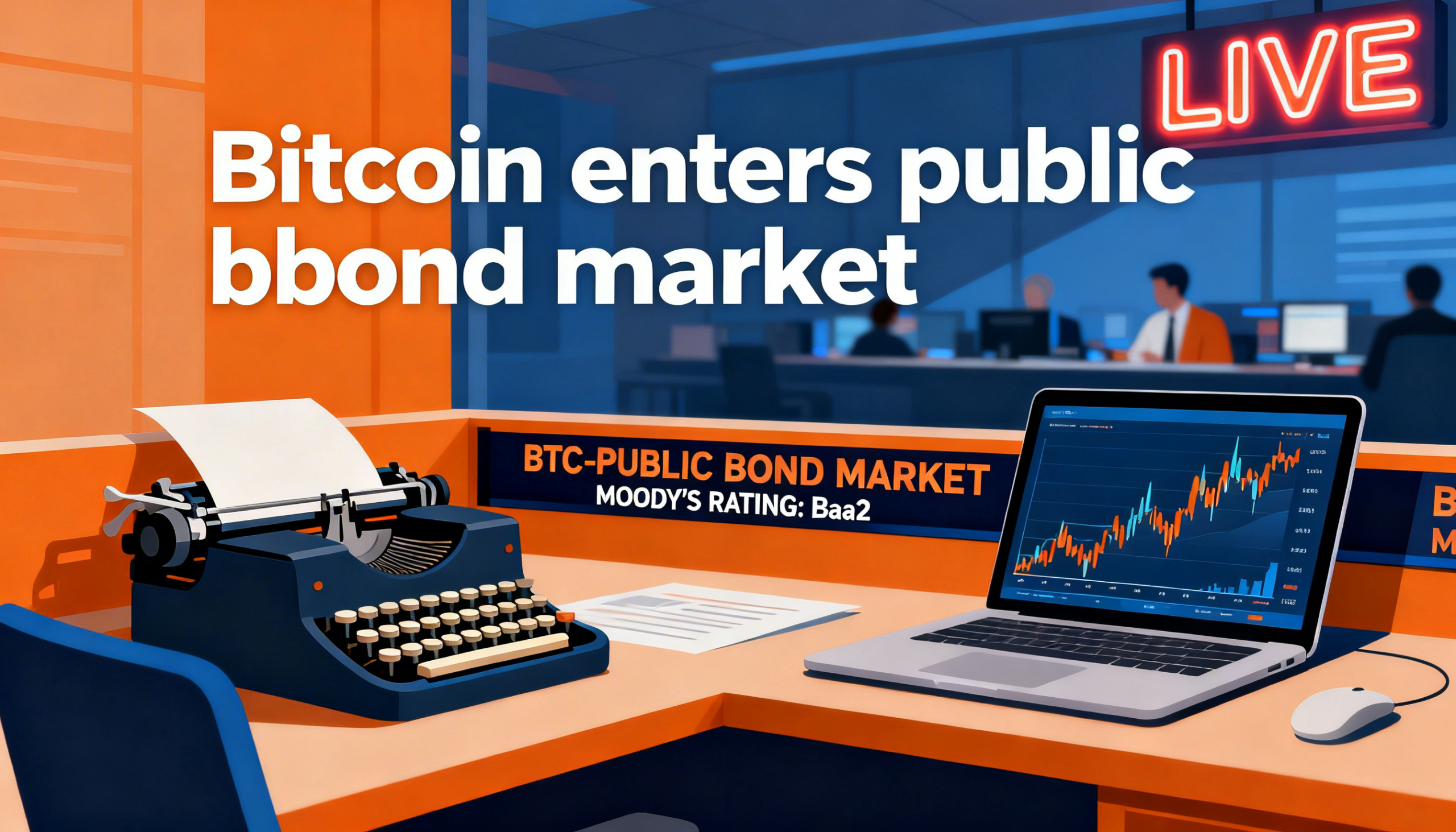 Freepik A Stylized Newsroom Illustration Of Bitcoin Entering The Public Bond Market Ticker Tape And Moodys Rating Visible 0041