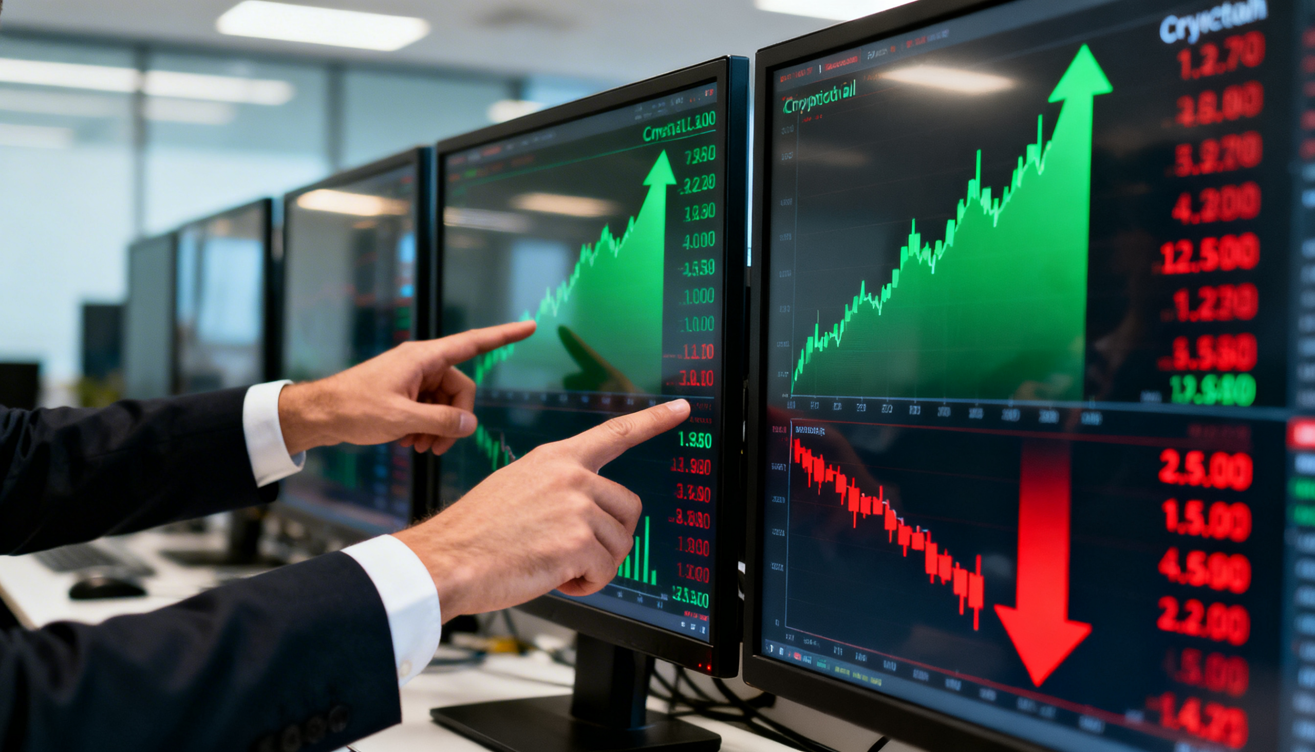 Freepik Closeup Of Financial Ticker Showing Crypto Rising And Oil Falling Hands Pointing Office Monitors 0016