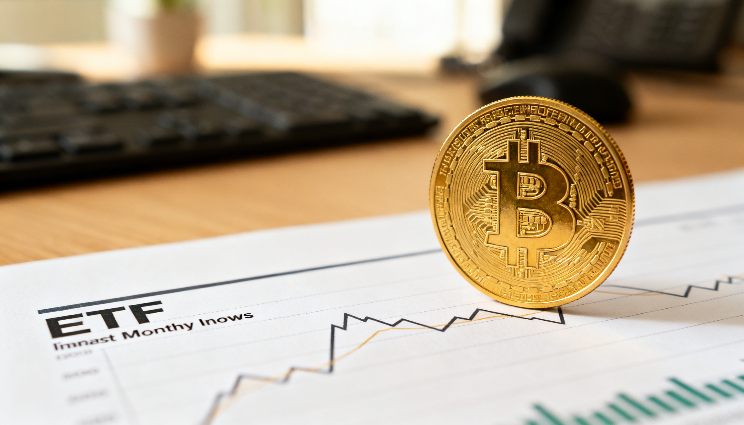 Freepik Macro Shot Of Golden Bitcoin Coin Beside Etf Chart Showing First Monthly Inflows Calm Market Sentiment Office Desk 0006