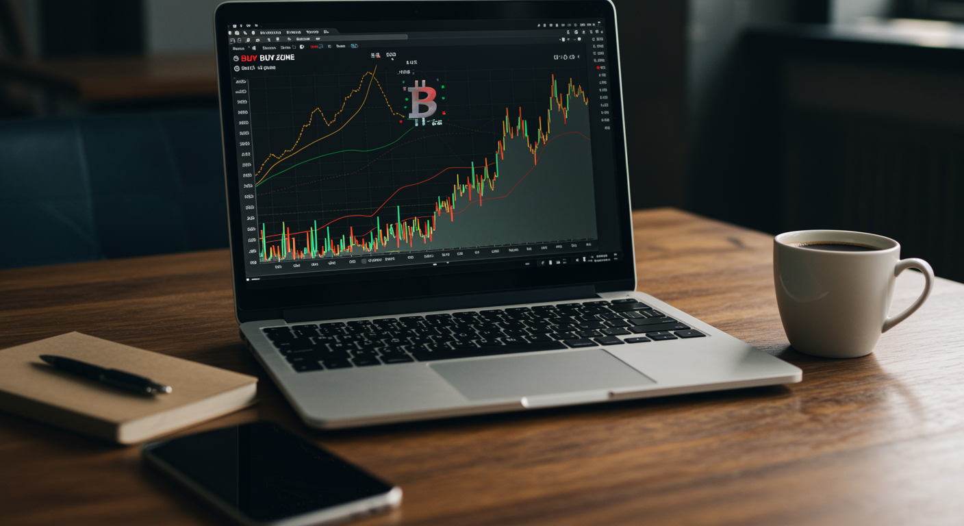 Freepik Traders Desk With Laptop Displaying Bitcoin Chart Near Buy Zone Highlighted Support Area Coffee Cup 0046