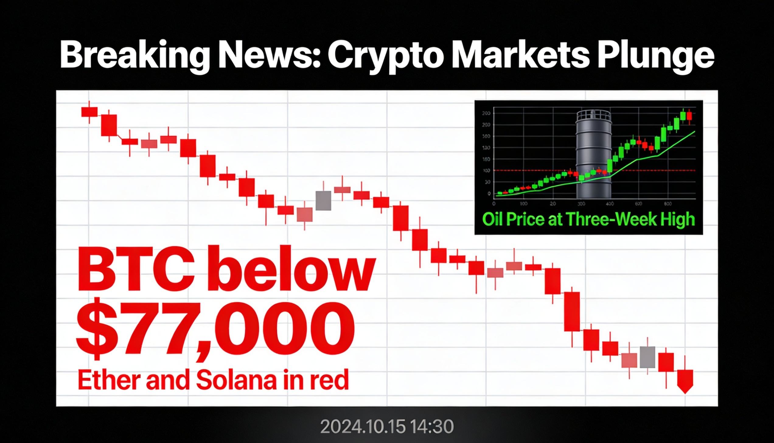 BTC slips under $77,000 with ether and solana also retreating, as tensions around Hormuz drive oil to its highest in three weeks.